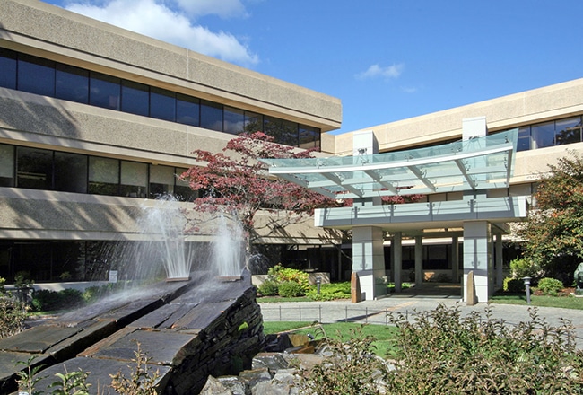 Modern office building with large windows and an outdoor area featuring a rocky water fountain and landscaped greenery. A glass canopy covers the entrance, and the sky is clear.