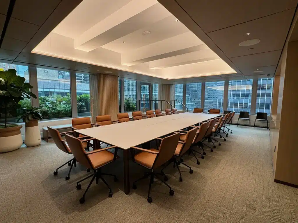 A modern conference room with a long table, surrounded by brown office chairs. Large windows on one side, allowing natural light to enter. Potted plants are positioned in the corners.