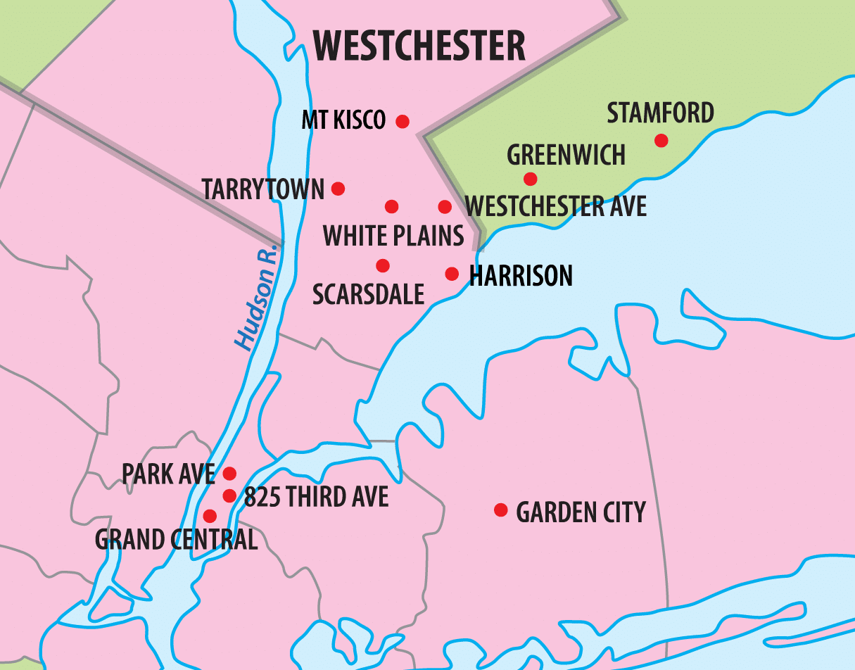 Map showing Westchester and nearby locations, including cities such as White Plains, Tarrytown, and Stamford, with major roads and landmarks labeled.