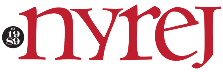 Red "nyrej" text in serif font with "EST 1989" in a black circle to the left.