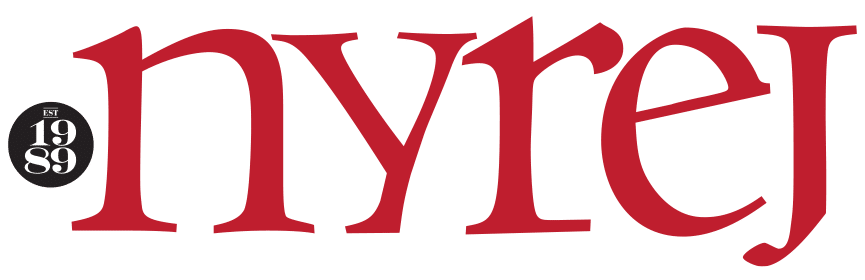 Red "nyrej" text in serif font with "EST 1989" in a black circle to the left.