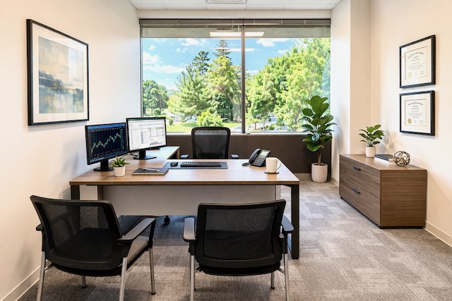 Modern office with desk, computer monitors, two chairs, large window, plants, and framed certificates on wall.