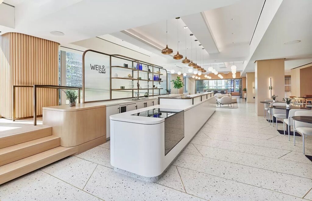 Bright, modern café with a long white counter, shelves, pendant lights, and seating area in the background.