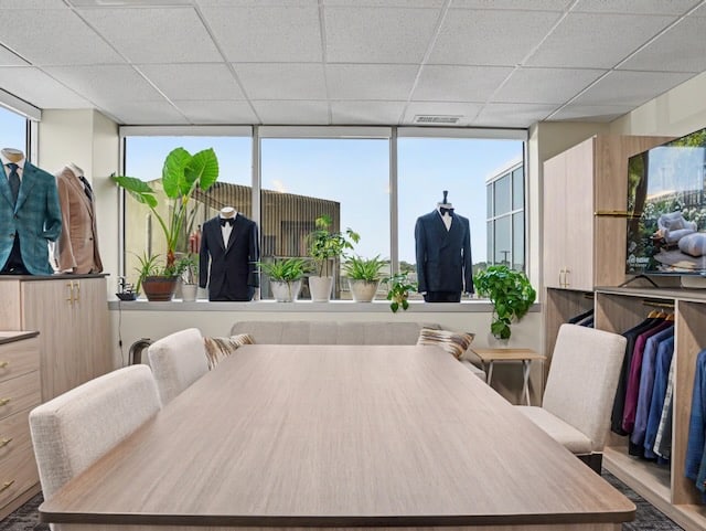 Conference room with suits on mannequins, plants on windowsill, and clothes hanging in the corner.