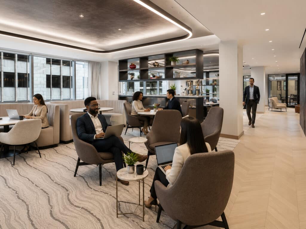 People work and converse in a modern office lounge with large windows, armchairs, and a coffee bar.