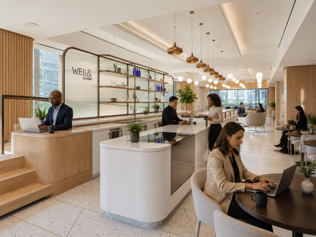 Modern, bright coworking space with people working on laptops at desks and a central counter.