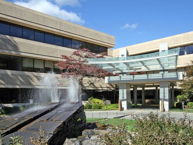 Modern office building with large windows and an outdoor area featuring a rocky water fountain and landscaped greenery. A glass canopy covers the entrance, and the sky is clear.