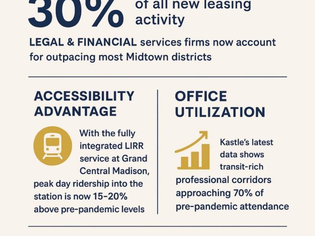 Infographic about Grand Central's growing role for legal and financial firms, highlighting leasing and key advantages.
